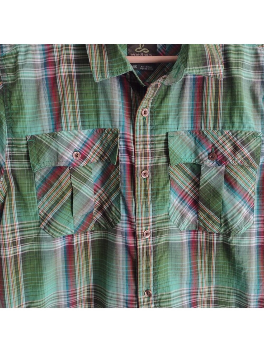 Prana Mens Green Plaid Shirt M Athletic Fit Organic Cotton Blend Duo Pocket - Picture 4 of 10